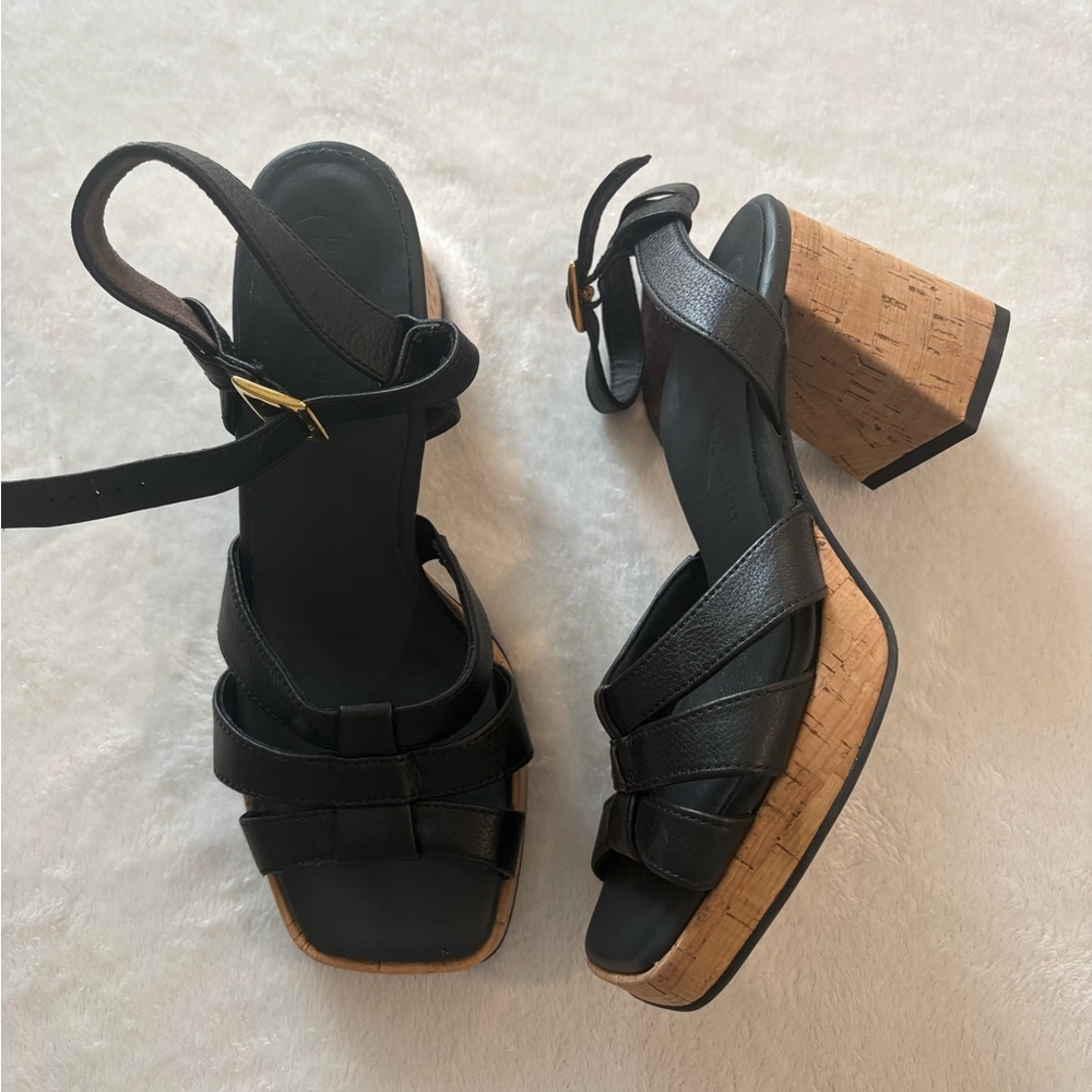Paul Green Black Strappy Block Cork Heel Sandals Elegant Women’s size 7.5 NWOT